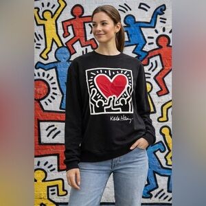 Keith Haring Graphic Heart Sweatshirt Womens Pullover Black Size S